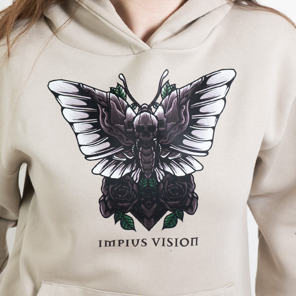 A close up image of the impius death moth on a stone hoodie