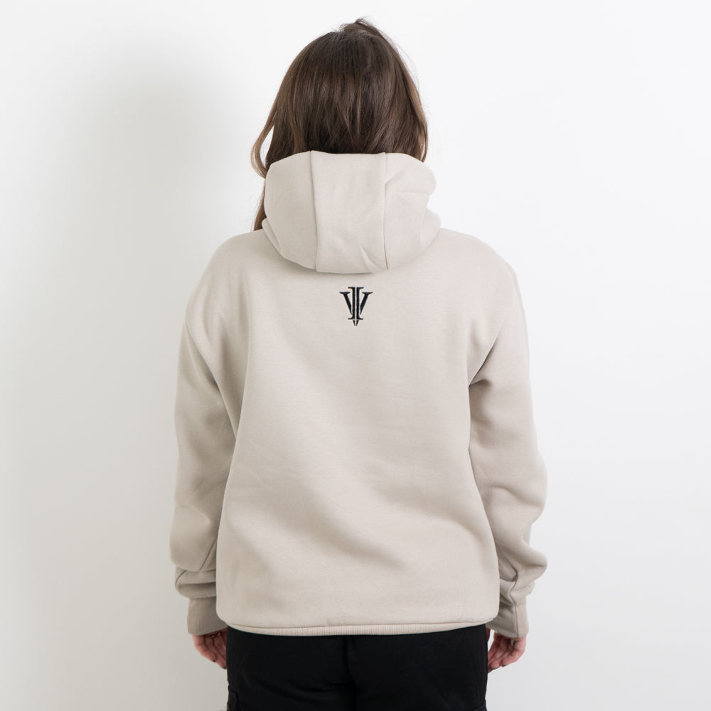 Alternative model wearing stone hoodie with a death moth design showing the back logo