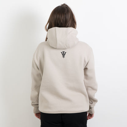 Alternative model wearing stone hoodie with a death moth design showing the back logo