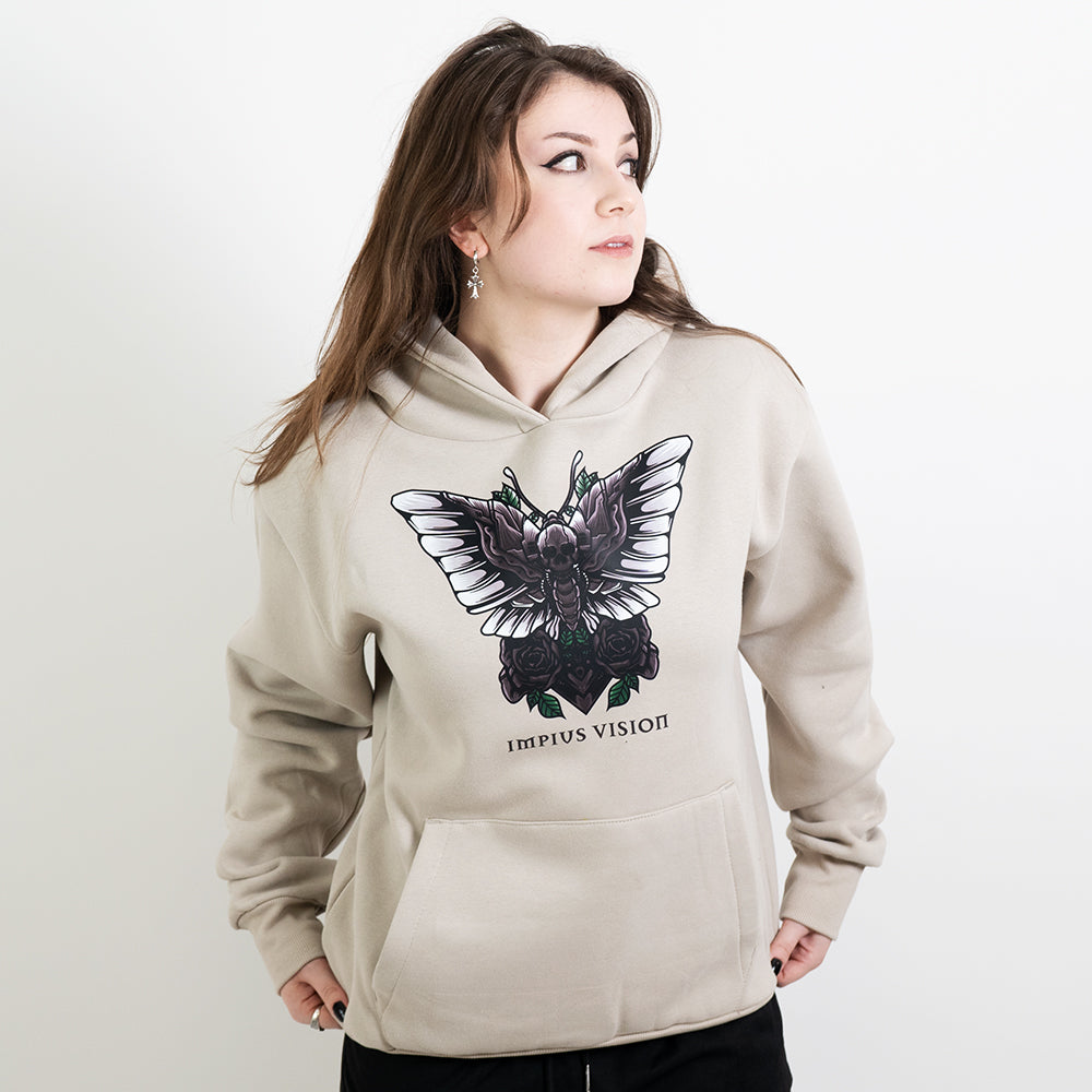 Alternative model wearing a stone hoodie with the impius death moth design