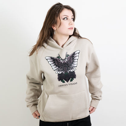 Alternative model wearing a stone hoodie with the impius death moth design