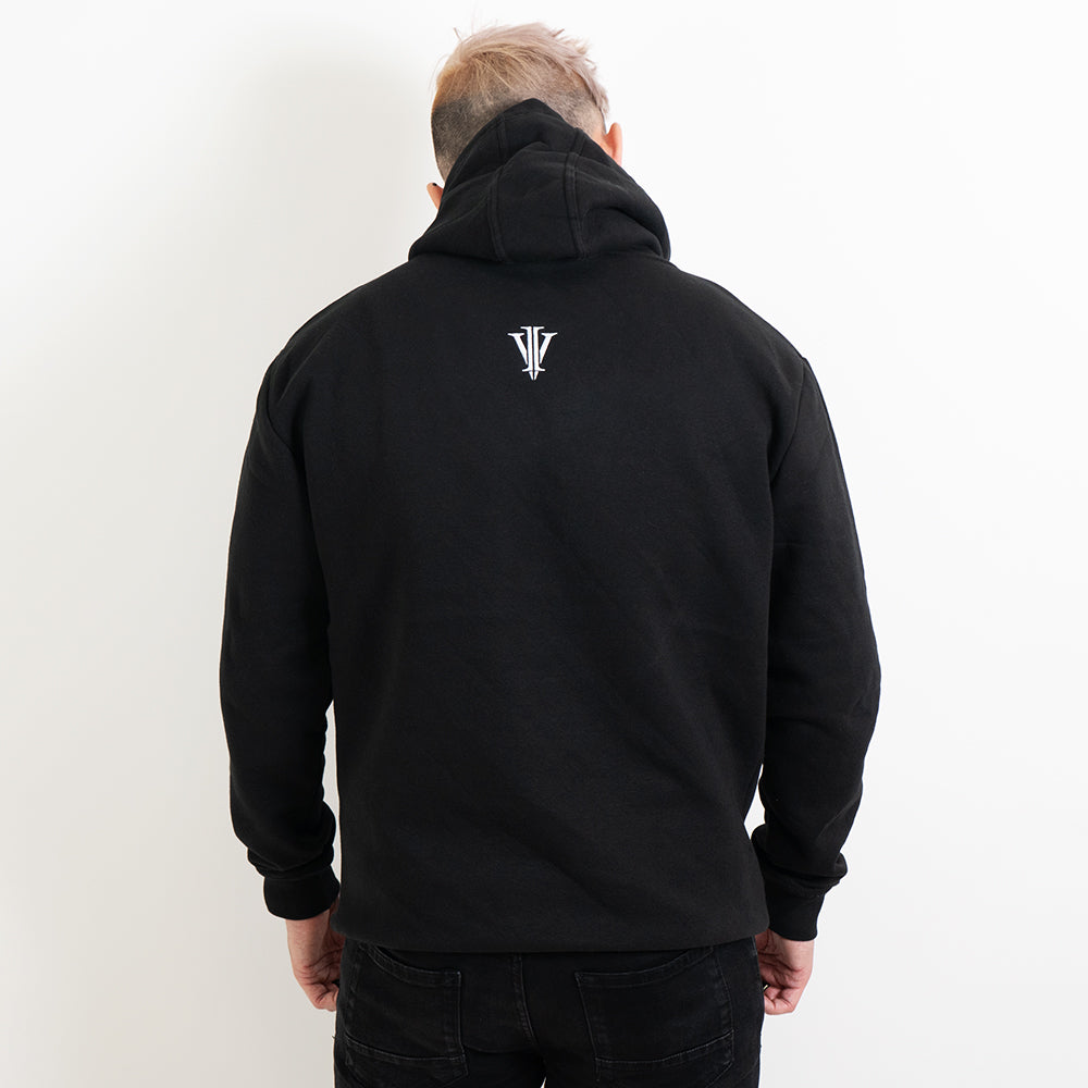 An alternative model wearing a black hoodie with the back Impius logo