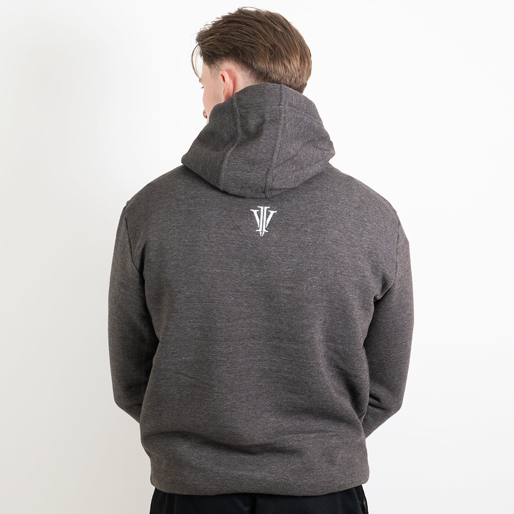 An alternative model wearing a grey hoodie with the back Impius logo