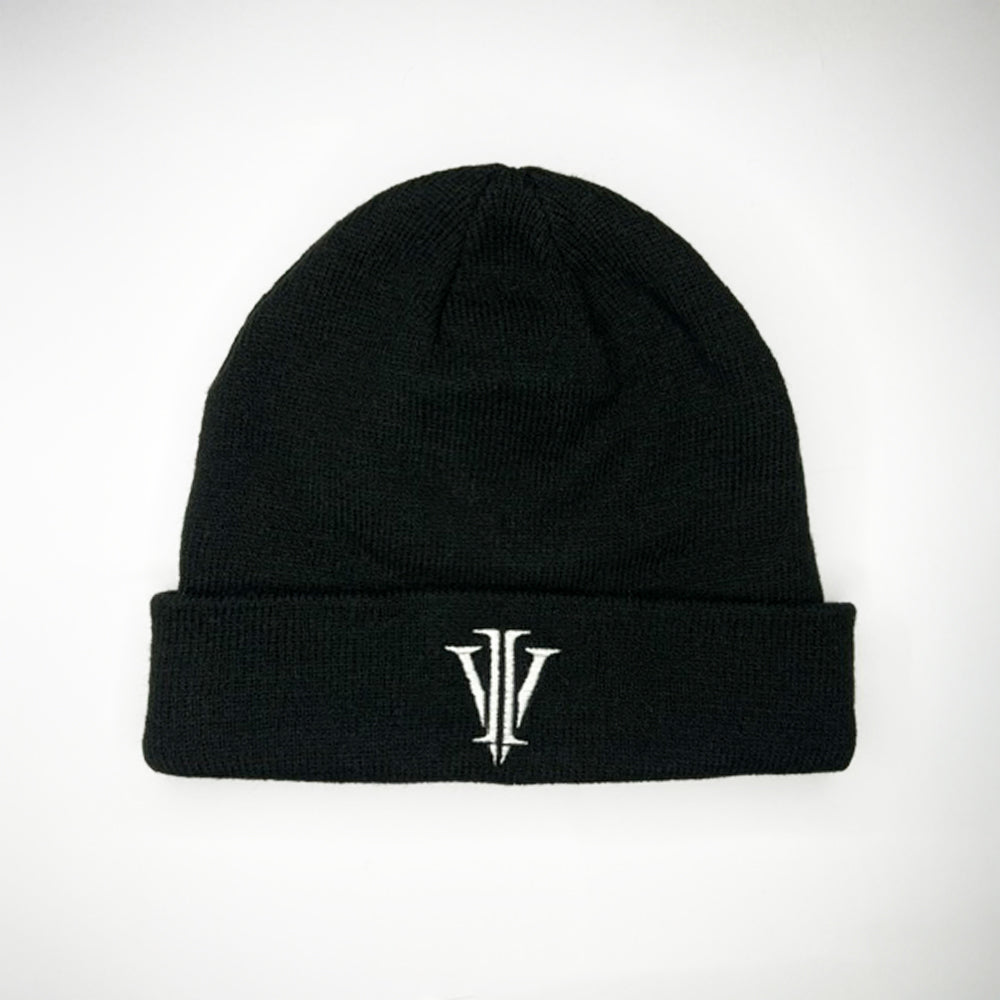 Close up shot of a black beanie hat with the impius logo