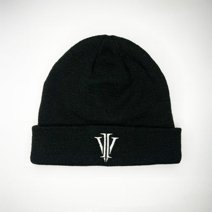 Close up shot of a black beanie hat with the impius logo