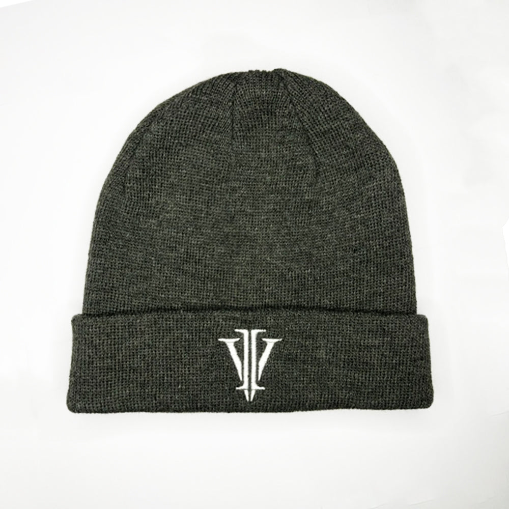 Close up shot of a grey beanie hat with the impius logo