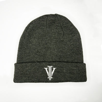 Close up shot of a grey beanie hat with the impius logo