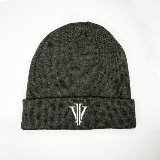 Close up shot of a grey beanie hat with the impius logo