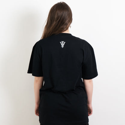 Alternative model wearing a black oversized tee showing the back impius logo