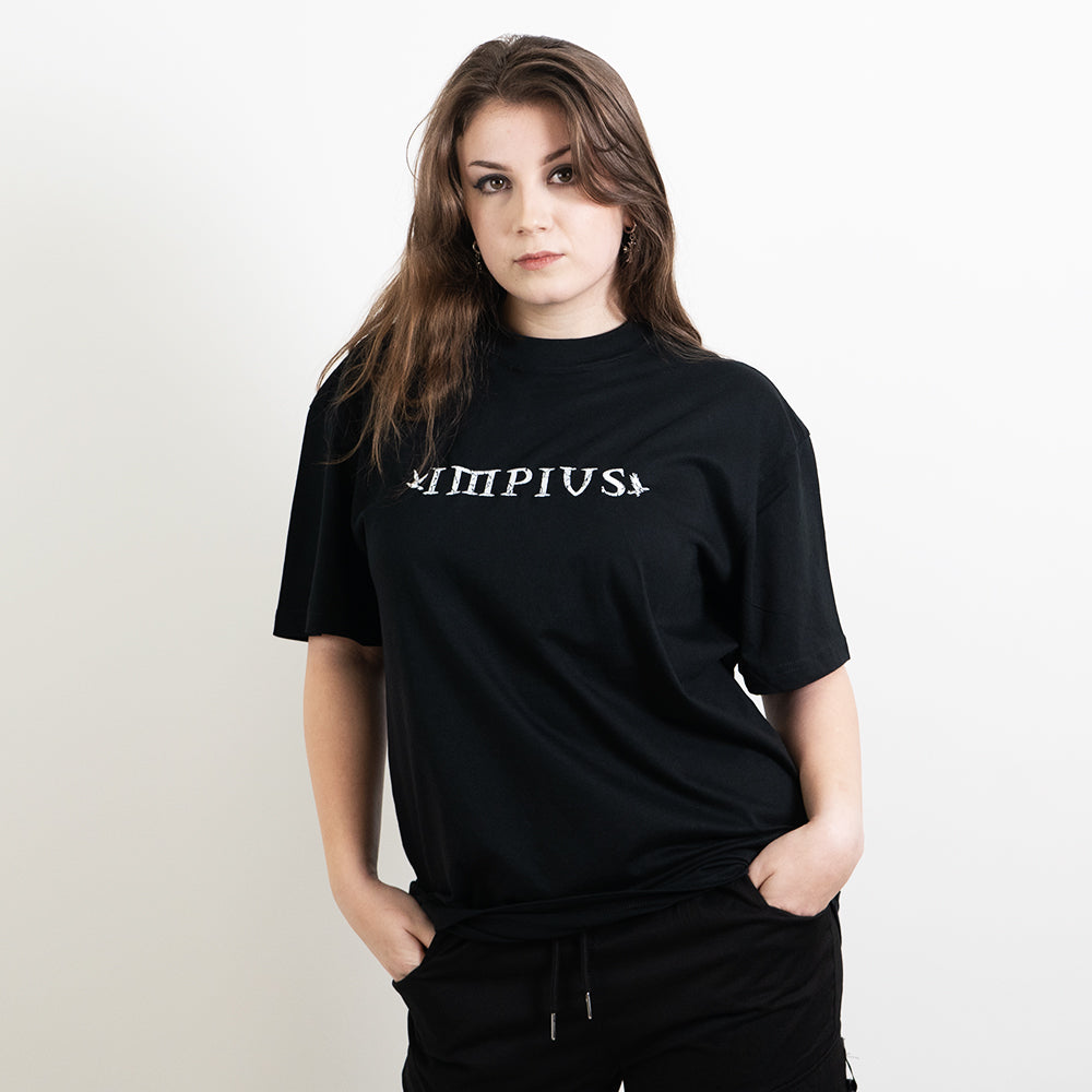 Alternative model wearing a black oversized tee with the impius logo