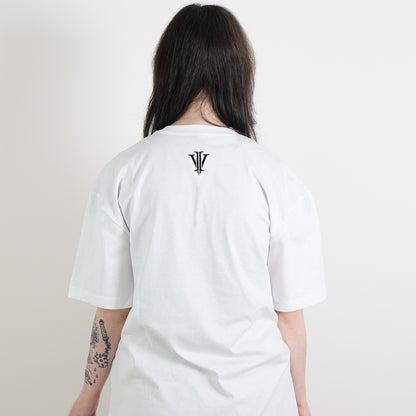 Alternative model wearing a white oversized tee showing the back impius logo